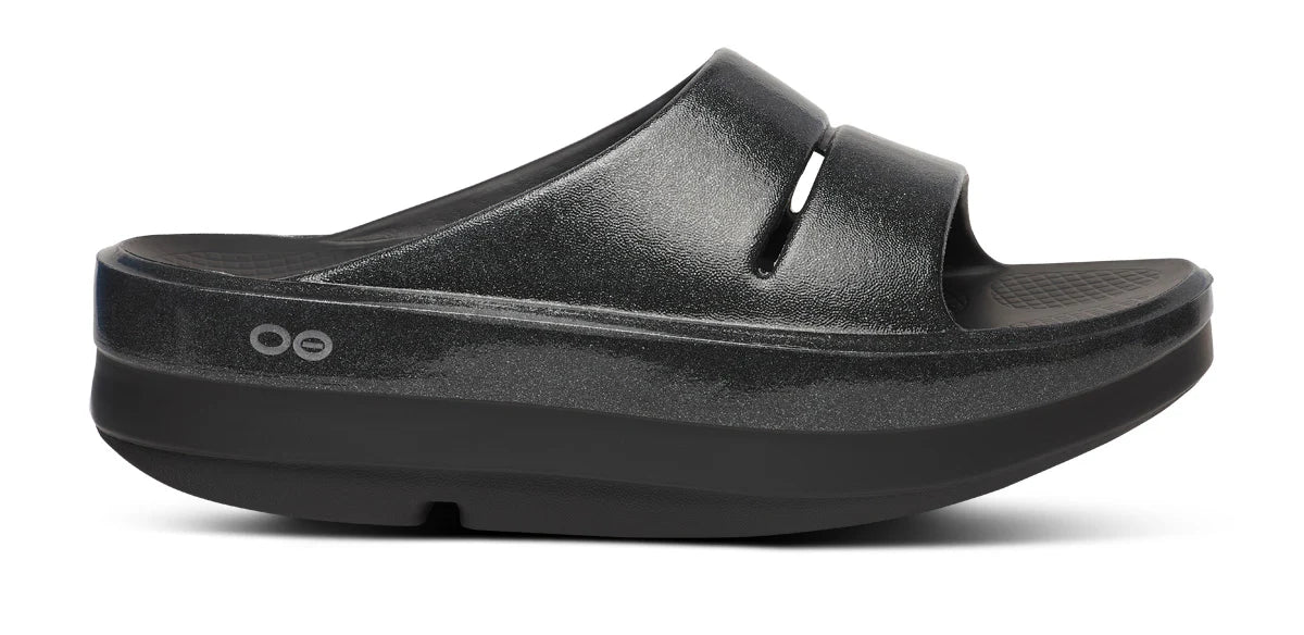 Women's OOmega OOahh Slide Sandal in Black Sparkle – Tenni Moc's Women's OOmega OOahh Slide Sandal in Black Sparkle – Tenni Moc's