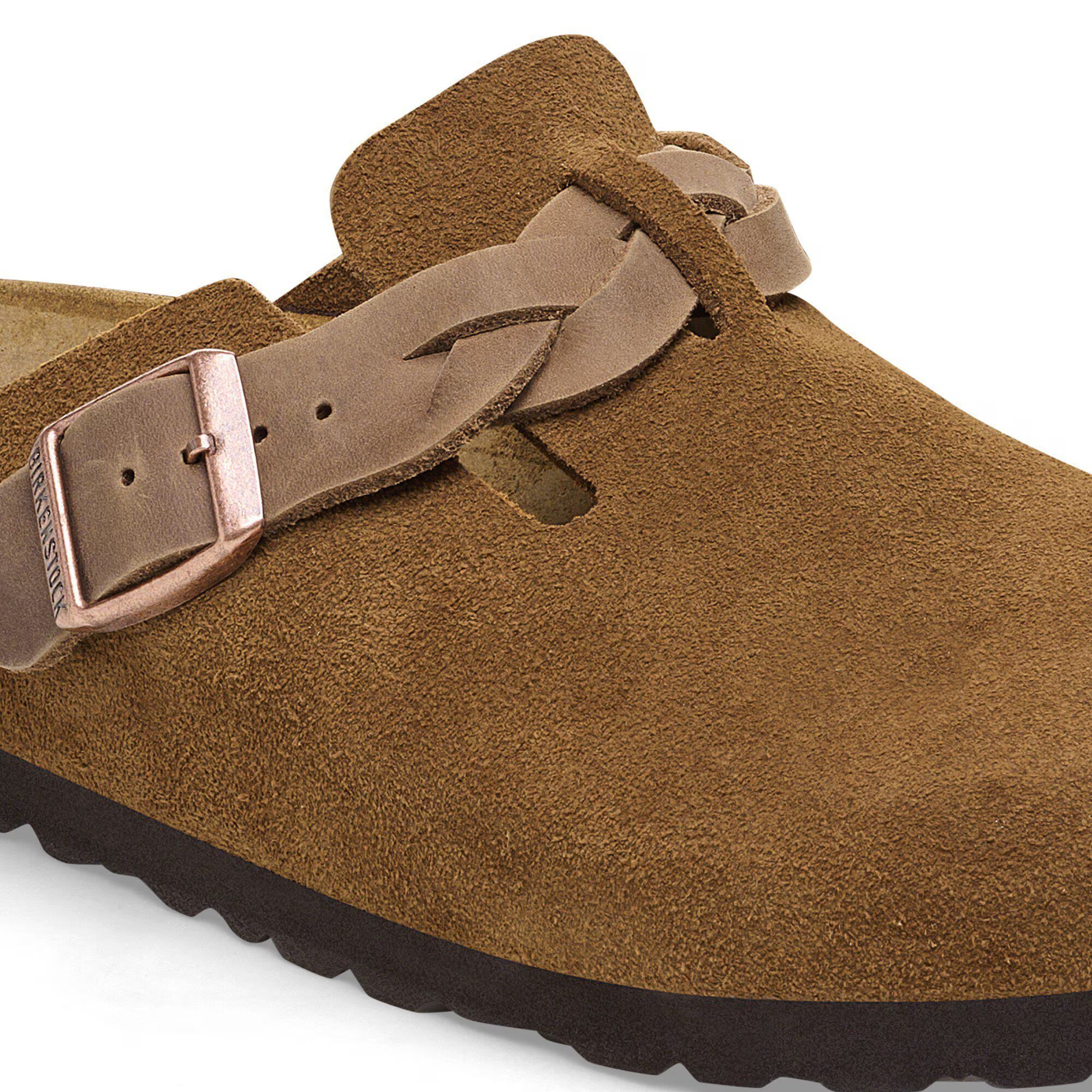 Boston Buckle Classic Footbed Mule in Braided Mink Suede Leather