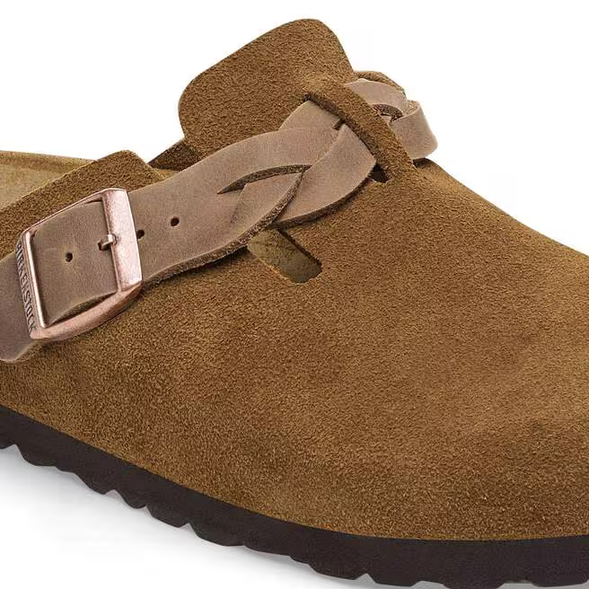 Boston Buckle Classic Footbed Mule in Braided Mink Suede Leather