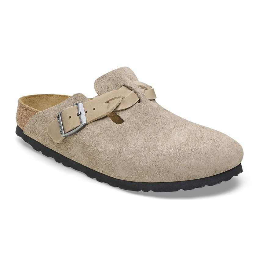 Boston Buckle Classic Footbed Mule in Braided Taupe Suede Leather