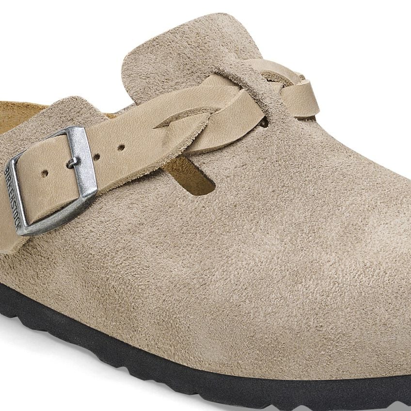 Boston Buckle Classic Footbed Mule in Braided Taupe Suede Leather