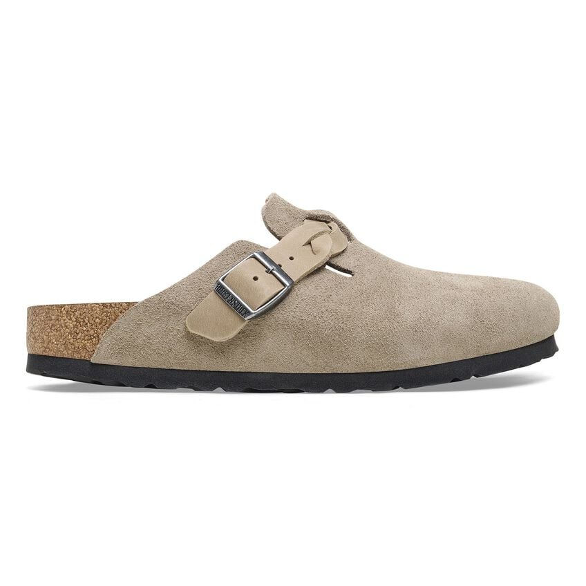 Boston Buckle Classic Footbed Mule in Braided Taupe Suede Leather