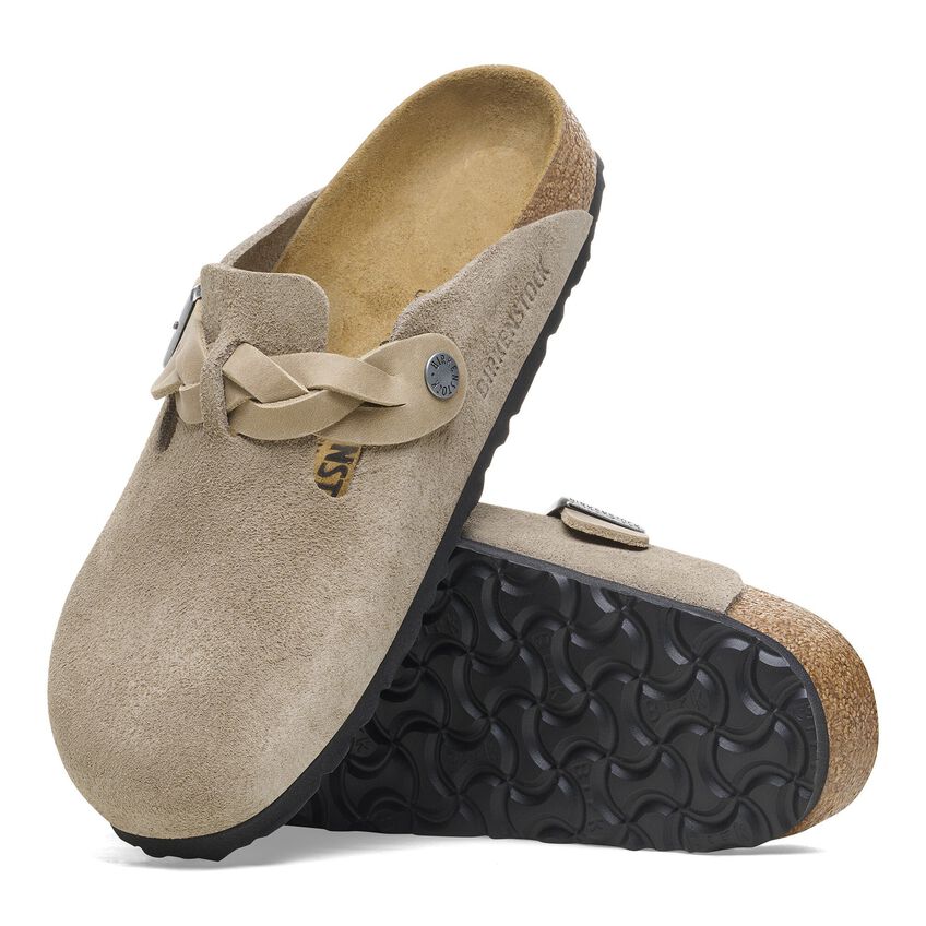 Boston Buckle Classic Footbed Mule in Braided Taupe Suede Leather