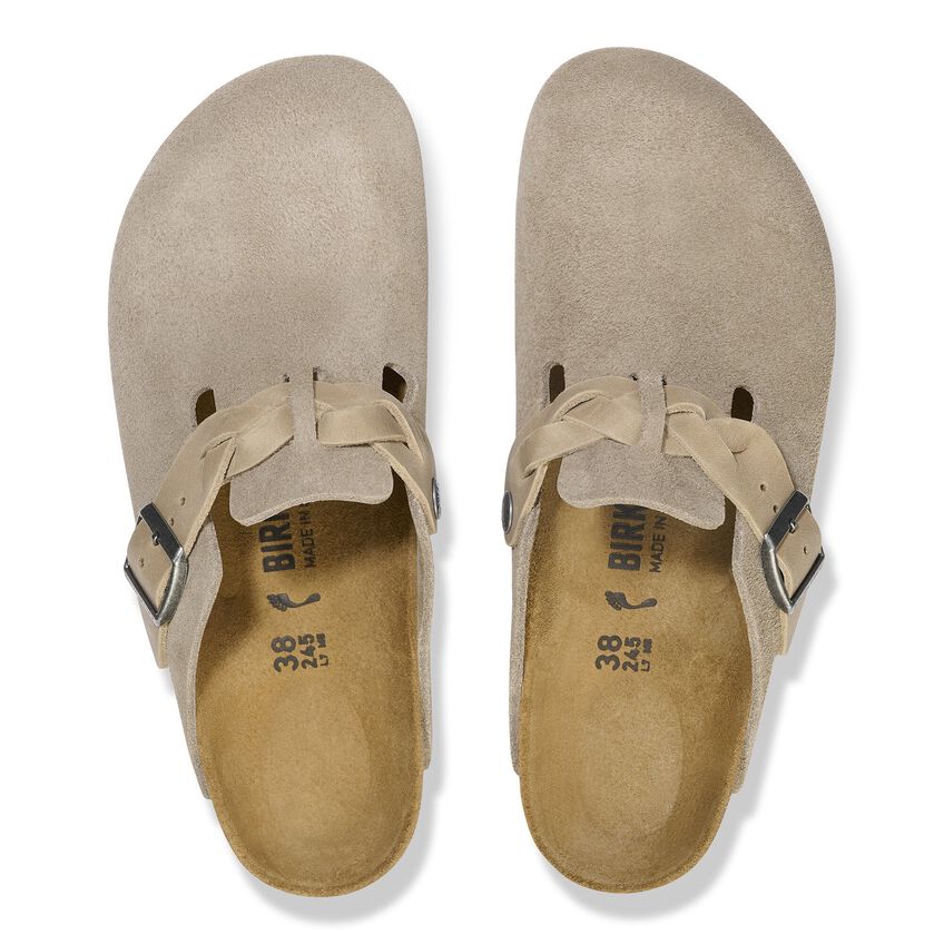 Boston Buckle Classic Footbed Mule in Braided Taupe Suede Leather