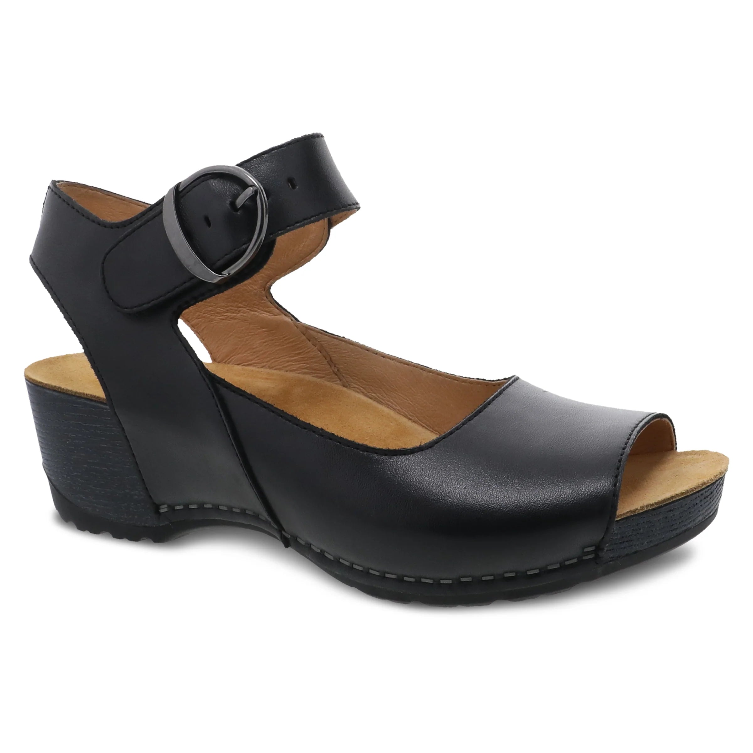 Tiana Ankle Strap Peep Toe Wedge in Black