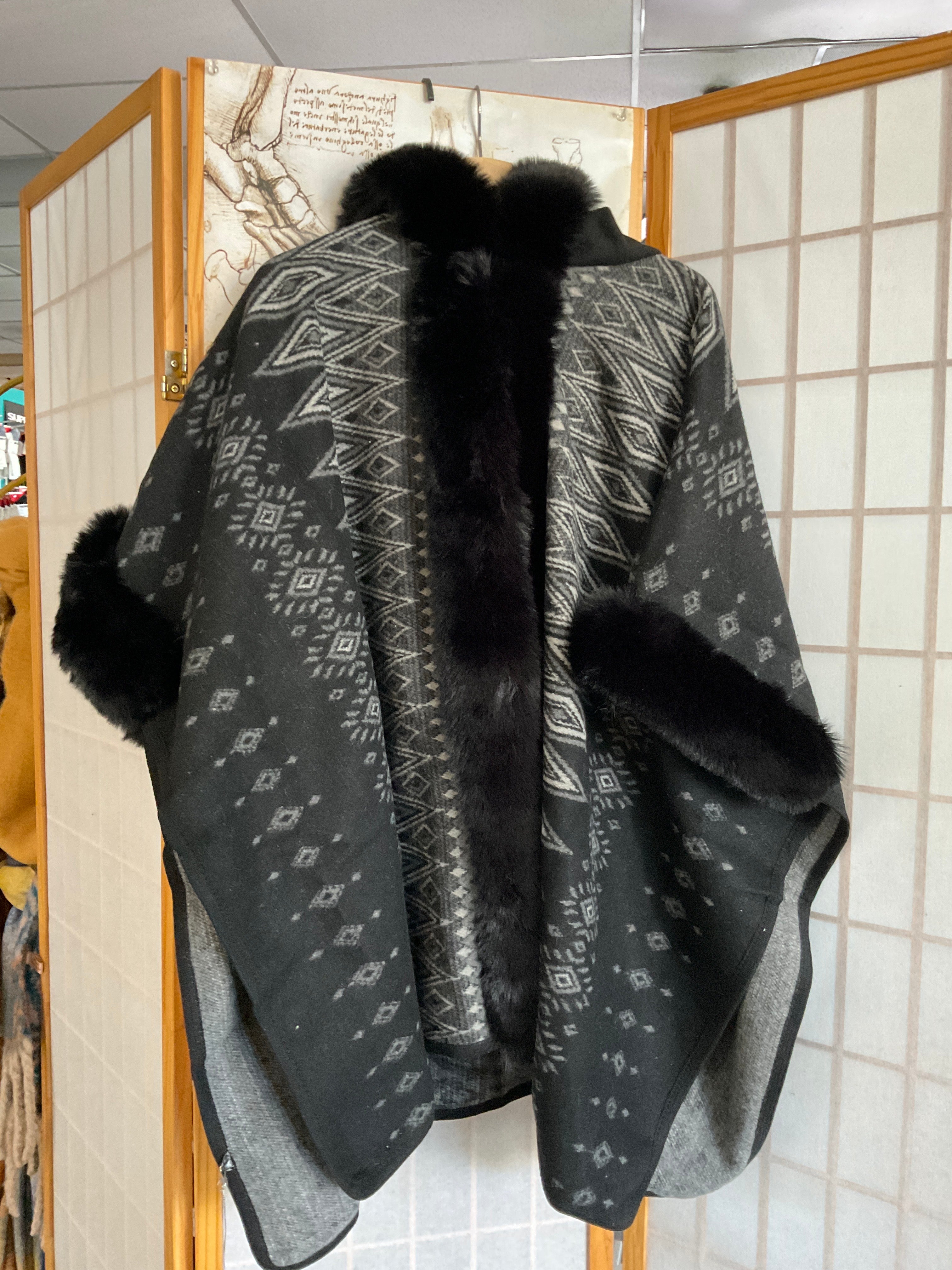 Black Faux Fur Hooded Poncho