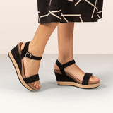 Sydney Quarter Strap Espadrille Wedge in Black Leather CLOSEOUTS