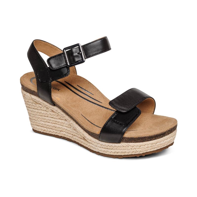 Sydney Quarter Strap Espadrille Wedge in Black Leather