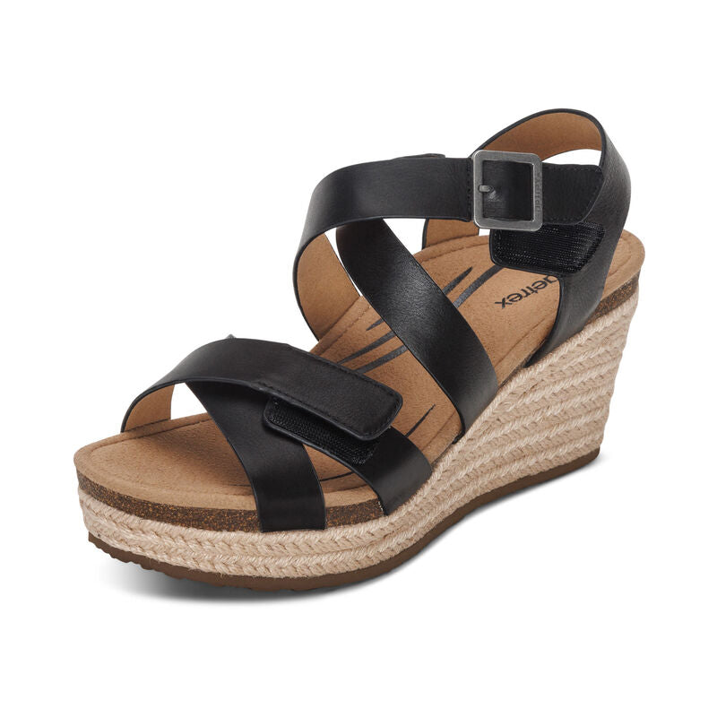 Anna Strappy Espadrille Wedge Sandal in Black