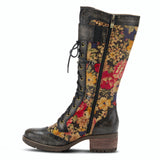 Kisha Knee-High Floral Leather boot in Black