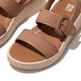 F-Mode Platform Buckled Leather Backstrap Sandal in Latte Tan CLOSEOUTS