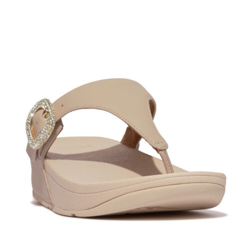 Lulu Crystal Toe Post Buckle Sandal in Stone Beige Leather