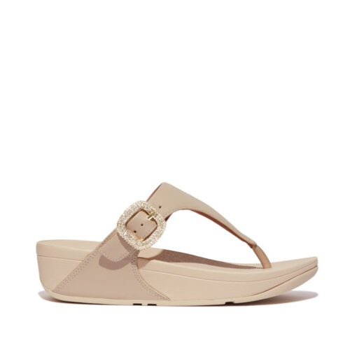 Lulu Crystal Toe Post Buckle Sandal in Stone Beige Leather