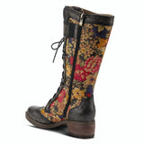 Kisha Knee-High Floral Leather boot in Black