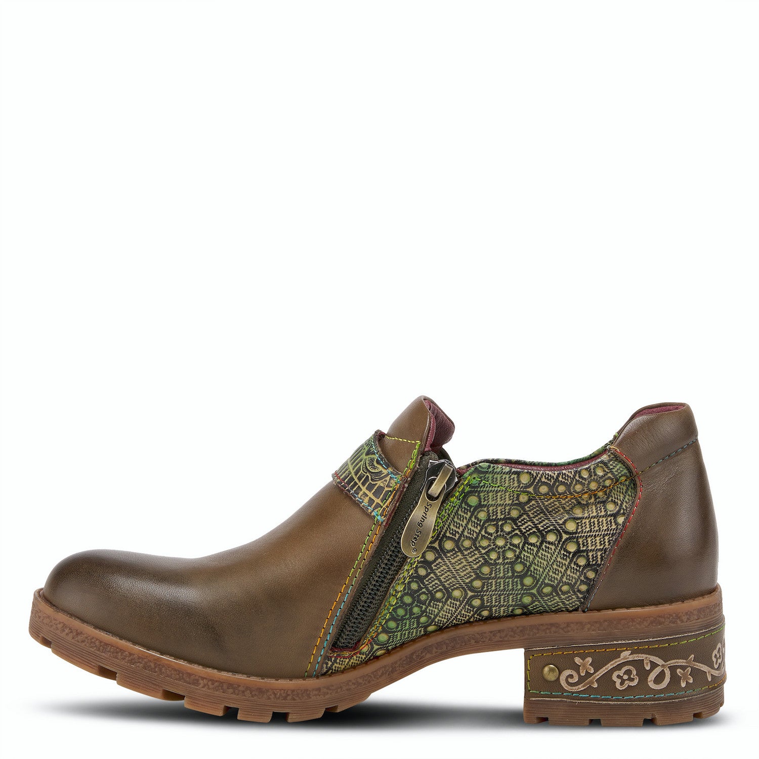 Magda Hook and Loop Leather Low Boot in Olive Multi