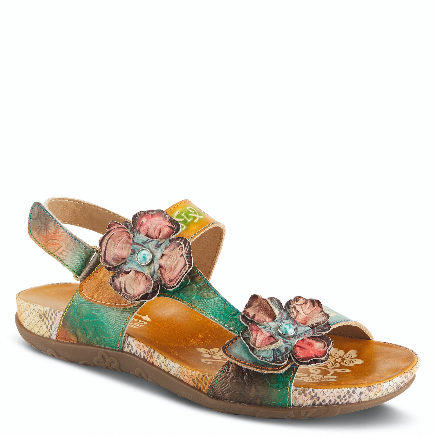 Erica Flowered Walking Sandal in Camel Multi