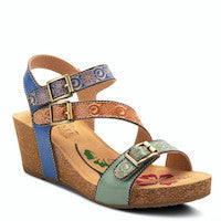 Tanja Hand Painted Strappy Wedge in Mint Green Multi