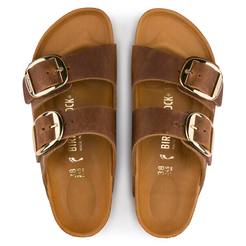 Arizona Big Buckle Classic Footbed Sandal in Cognac Oiled Leather