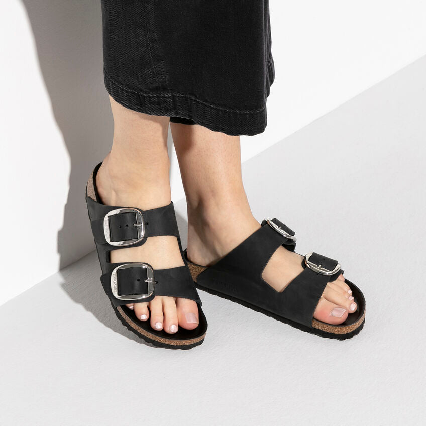 Arizona Big Buckle Classic Footbed Sandal in Black Oiled Leather CLOSEOUTS