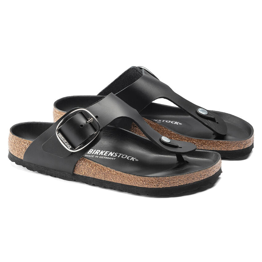 Gizeh Original footbed Big Buckle Toe Post Sandal in Black Oiled Leather CLOSEOUTS