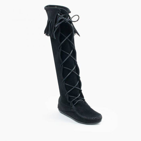 Front Laced Knee High Fringe Moccasin Boot in Black