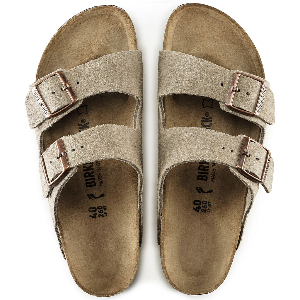 Arizona Classic Footbed Sandal in Taupe Suede – Tenni Moc's Shoe Store