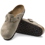 Boston Buckle Soft Footbed Mule in Taupe Suede