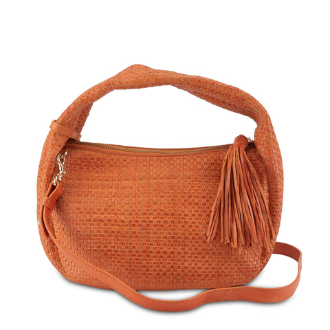 Intricately Woven Handbag in Orange Leather