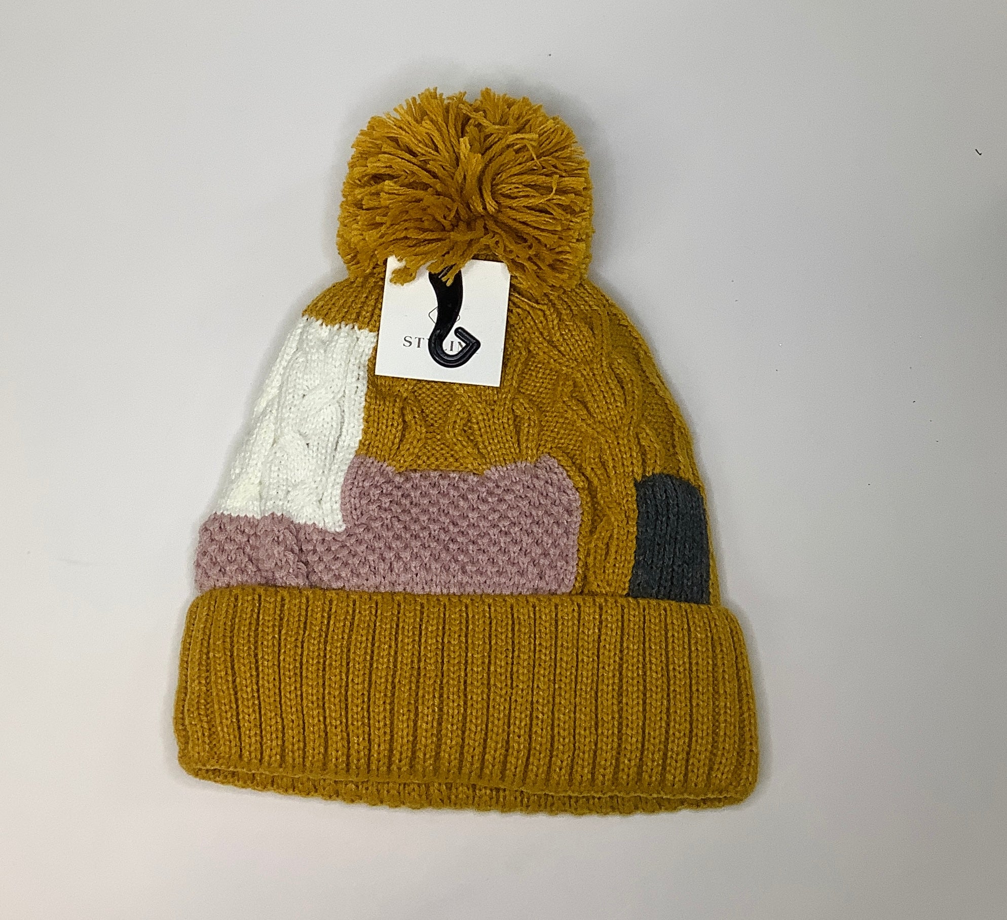 Patchwork Thermal Beanie With Pom Pom