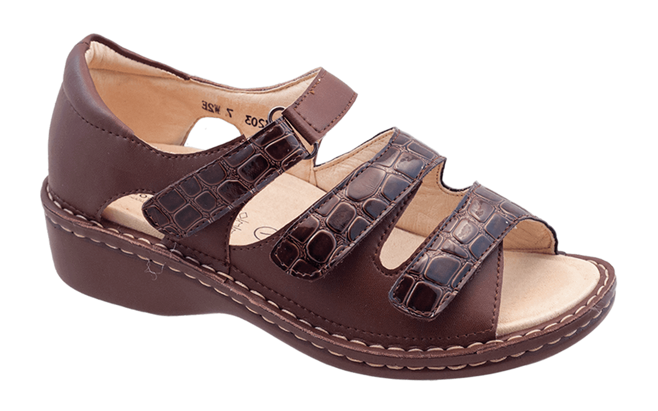 Andrea Velcro 3-strap Sandal in Brown Croc CLOSEOUTS