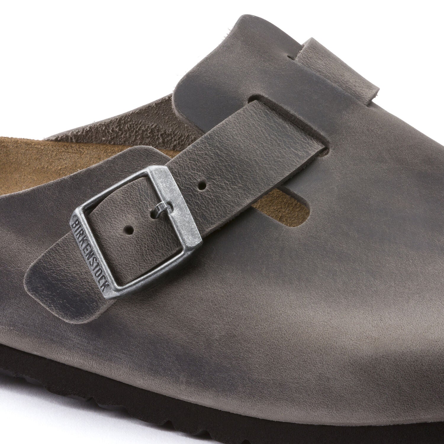 Boston Buckle Soft Footbed Mule in Iron Oiled Leather