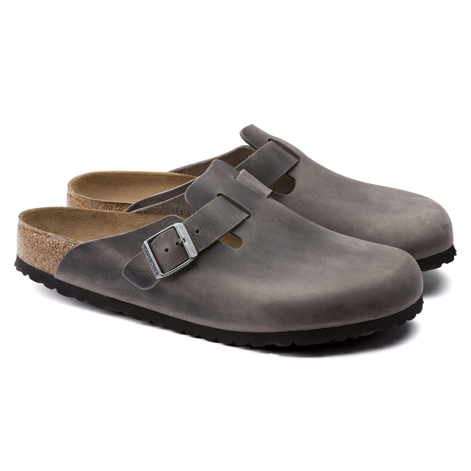 Boston Buckle Soft Footbed Mule in Iron Oiled Leather