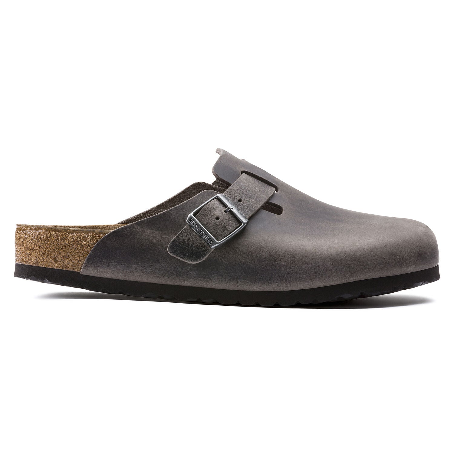 Boston Buckle Soft Footbed Mule in Iron Oiled Leather